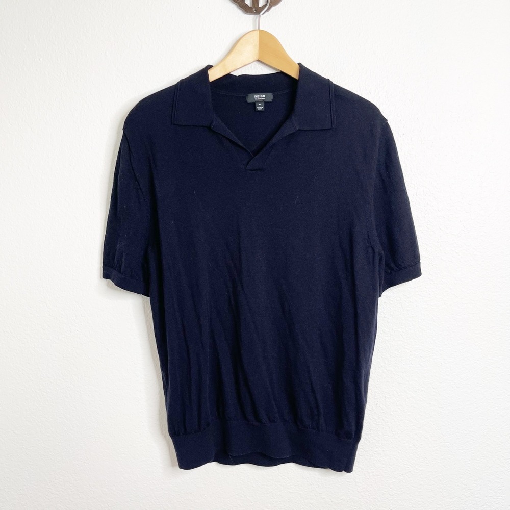 Reiss Mens‎ Navy Blue 100% Merino Wool Short Sleeve Knit Polo Shirt XL